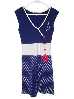 Sourpuss Blue White Red Polka Dot Sailor Dress Size Medium